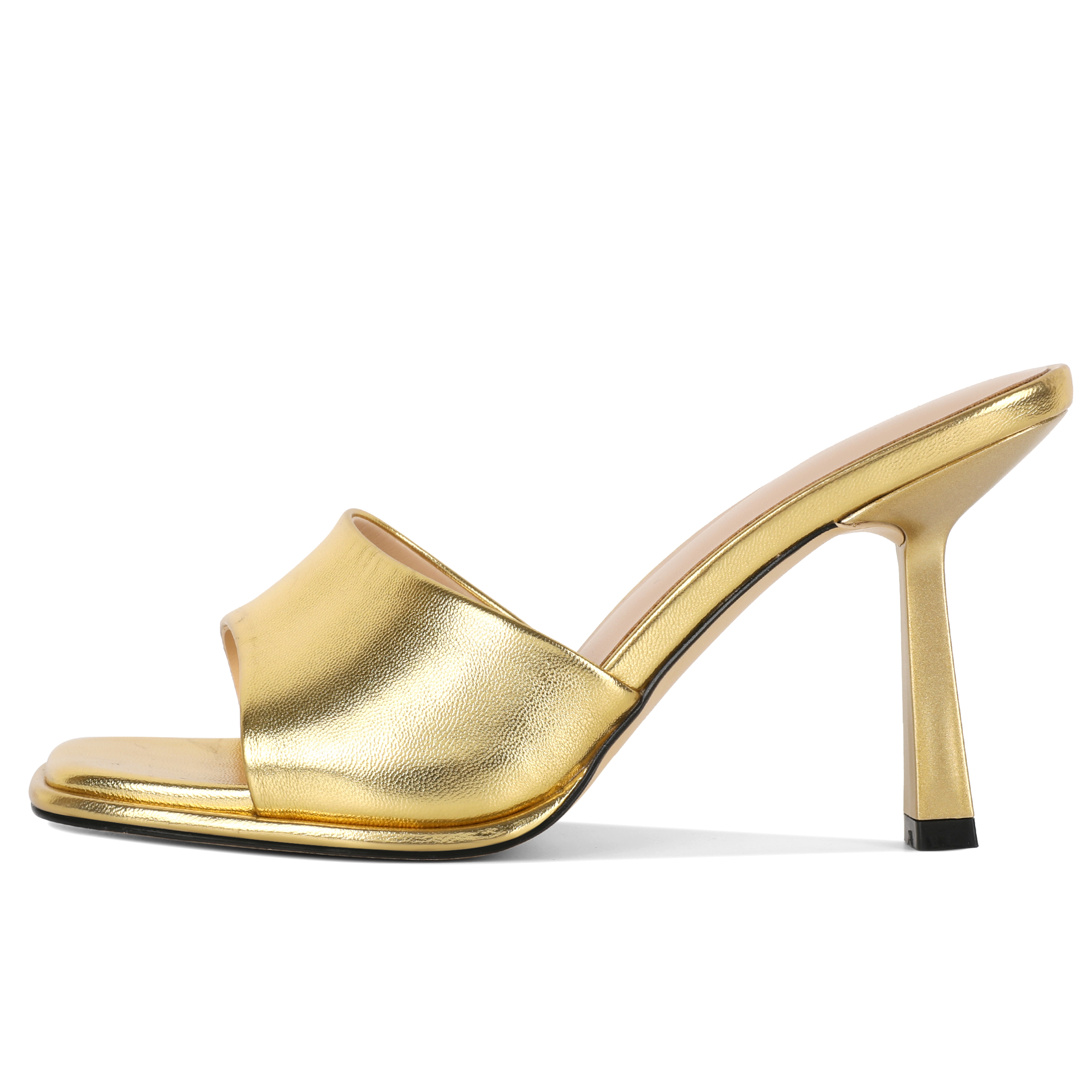 Gold slip-on mules side angle