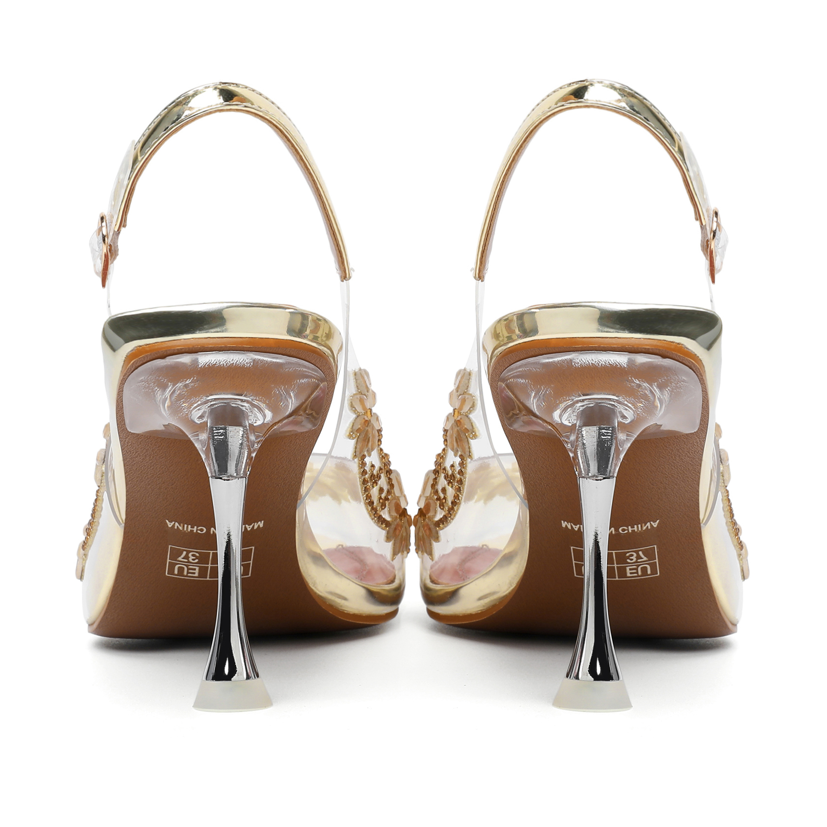 Detail view of glittering 3.5-inch rhinestone block heel – SAMMITOP sandals