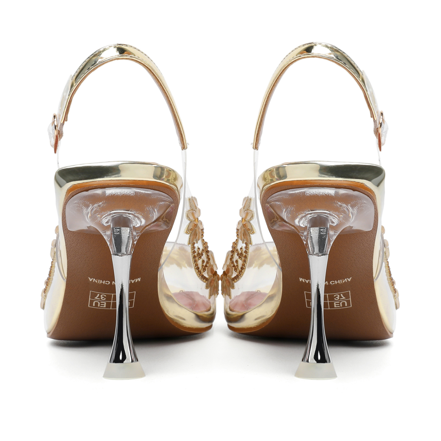 Detail view of glittering 3.5-inch rhinestone block heel – SAMMITOP sandals