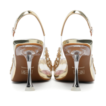 Detail view of glittering 3.5-inch rhinestone block heel – SAMMITOP sandals