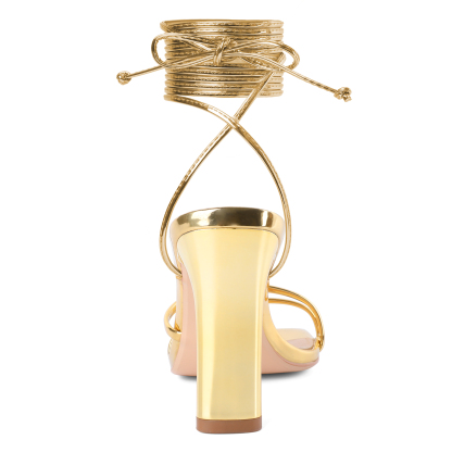 Back view of elegant gold 3.5 inch chunky heels for women