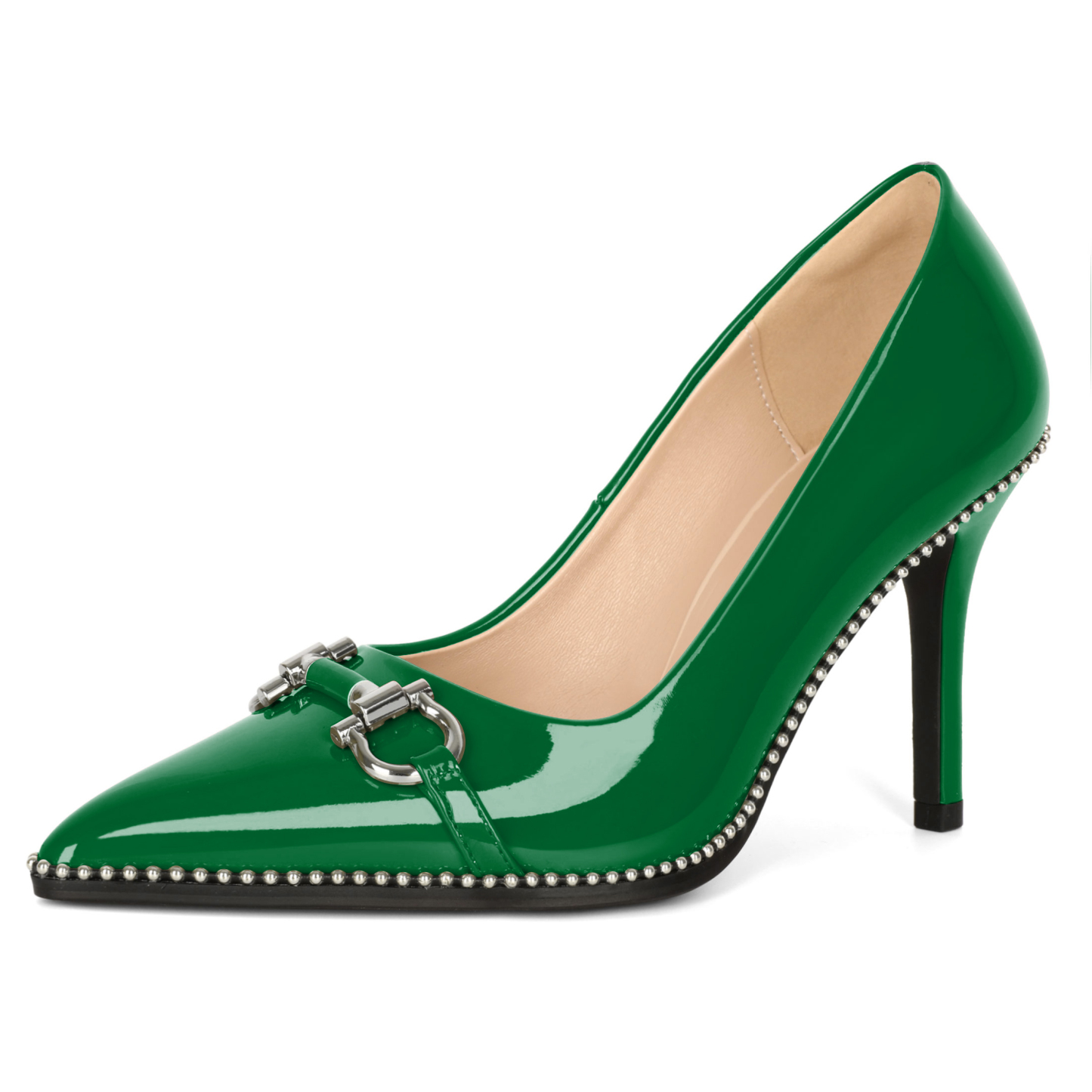Women's green patent leather pumps with stiletto heel, beaded trim, and pointed toe