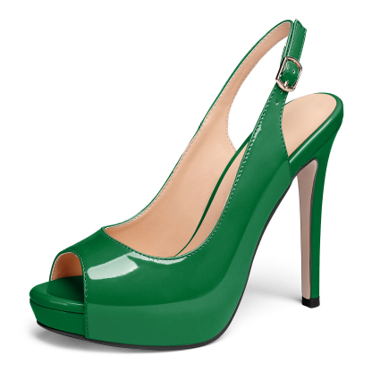 Chic green platform pumps with peep toe and high heel