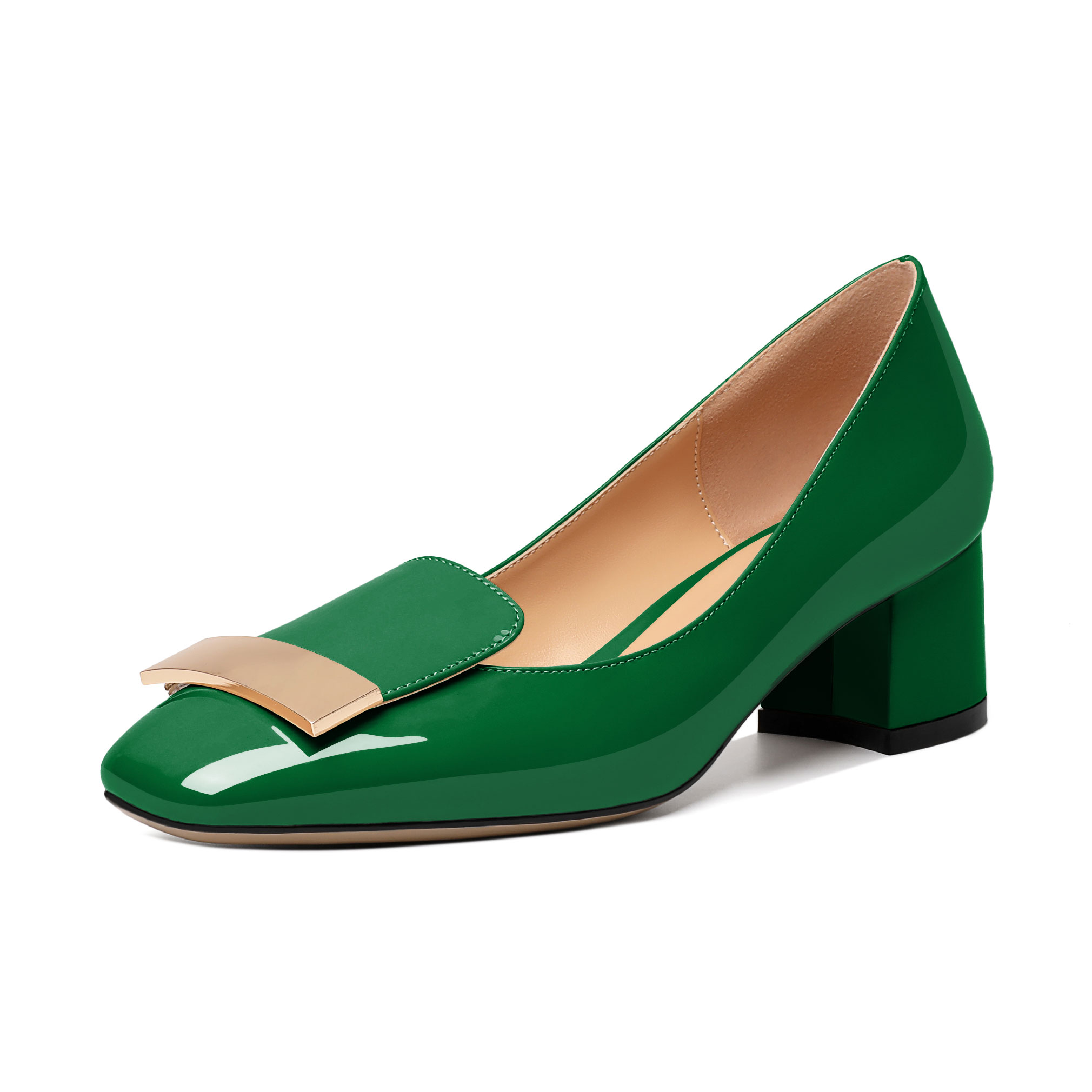 Green slip-on dress pumps with square toe and block heel