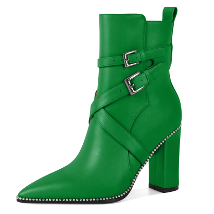 Green side zipper boots with pointed toe and beaded trim