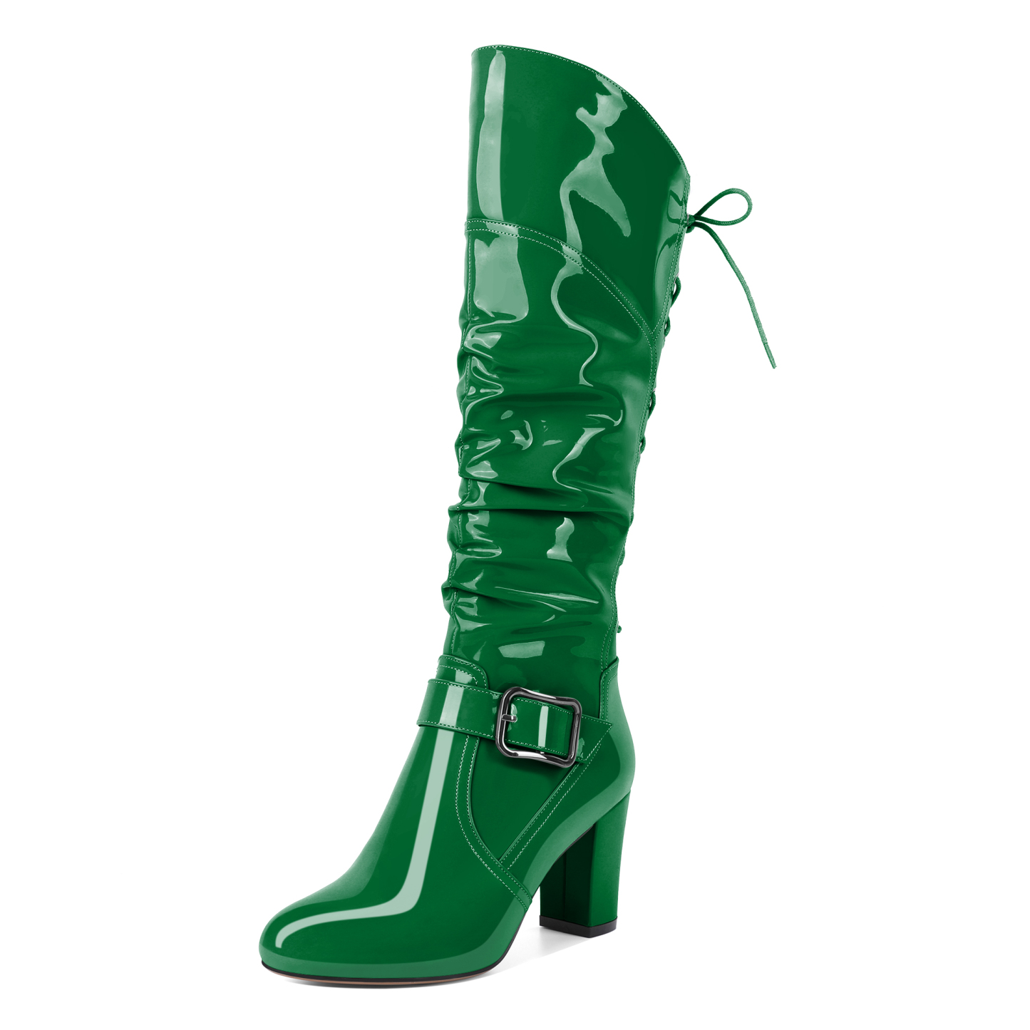 Green knee-high lace up boots with round toe and platform heel