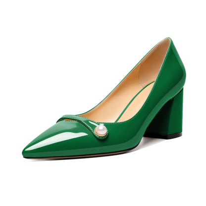 "Green pointed toe pearl heels with block design – SAMMITOP