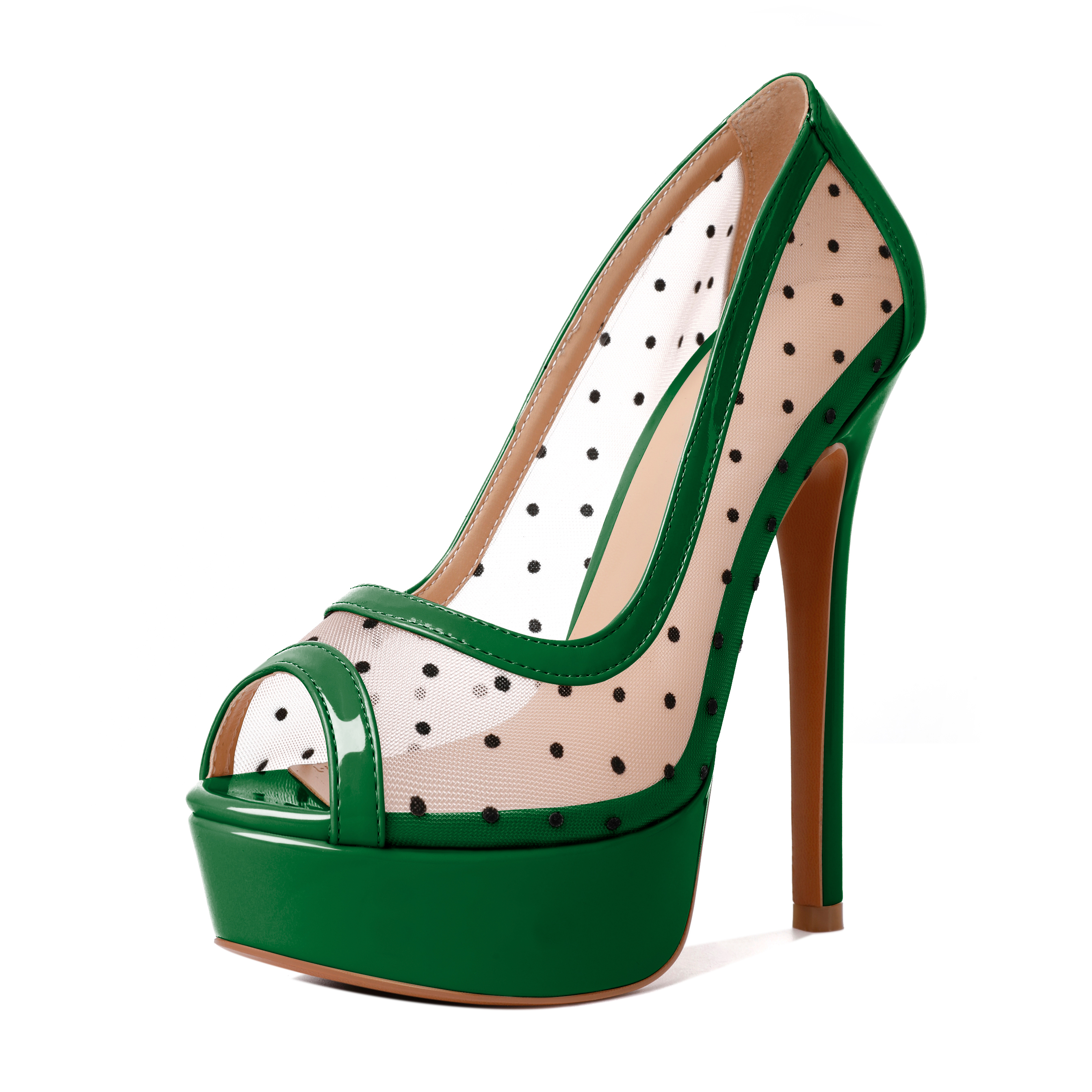 Green mesh polka dot peep toe pumps with high heel – SAMMITOP