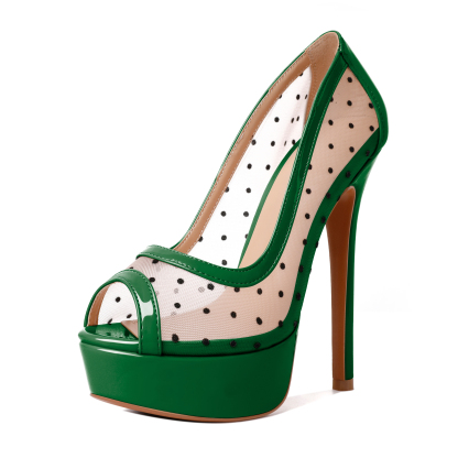Green mesh polka dot peep toe pumps with high heel – SAMMITOP