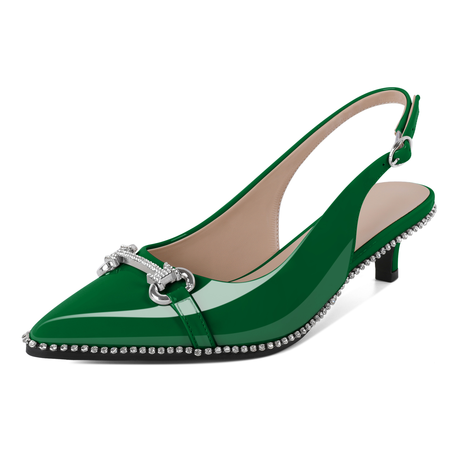 Women's green rhinestone kitten heels with pointed toe and adjustable slingback strap