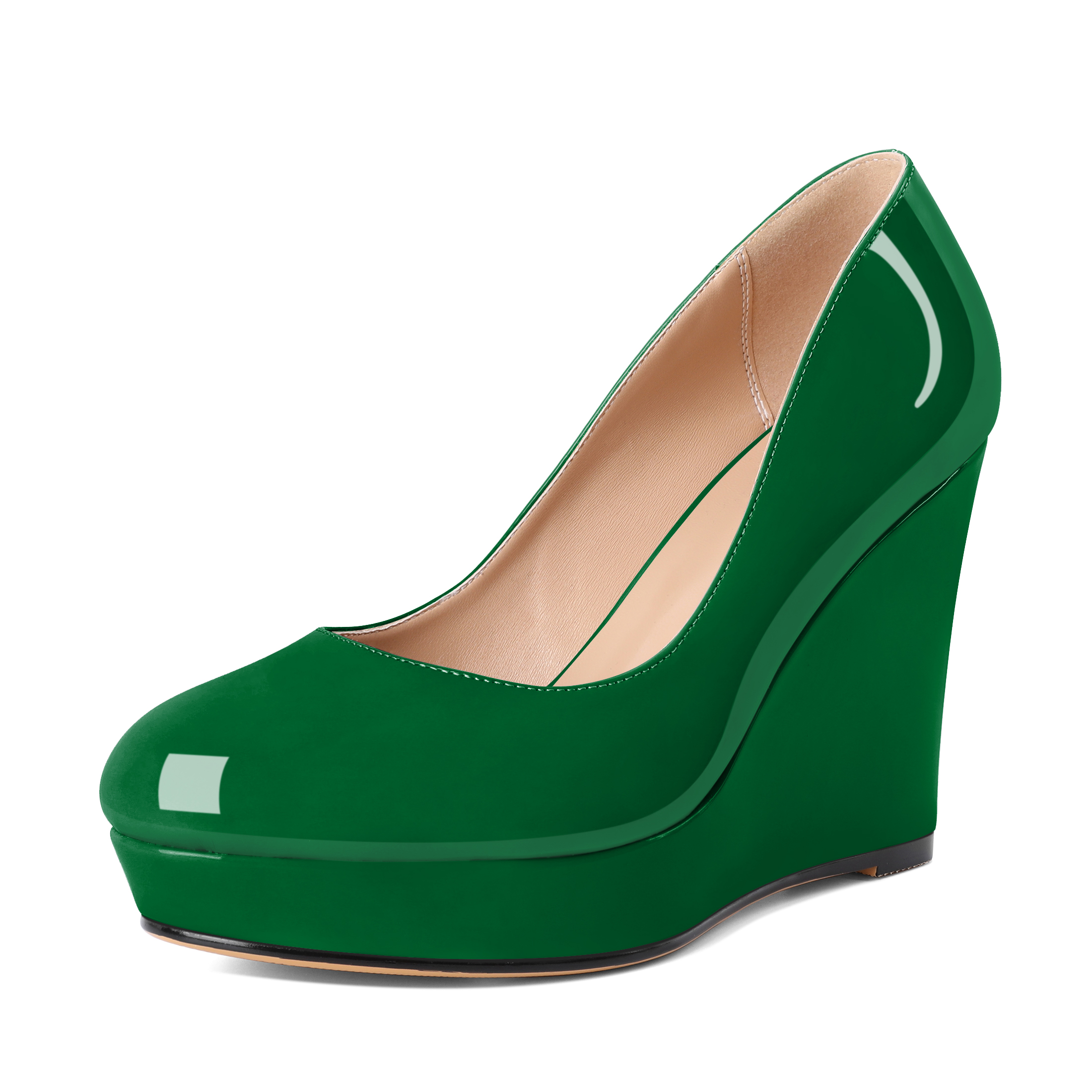 Green wedge platform heels with slip-on design and round toe
