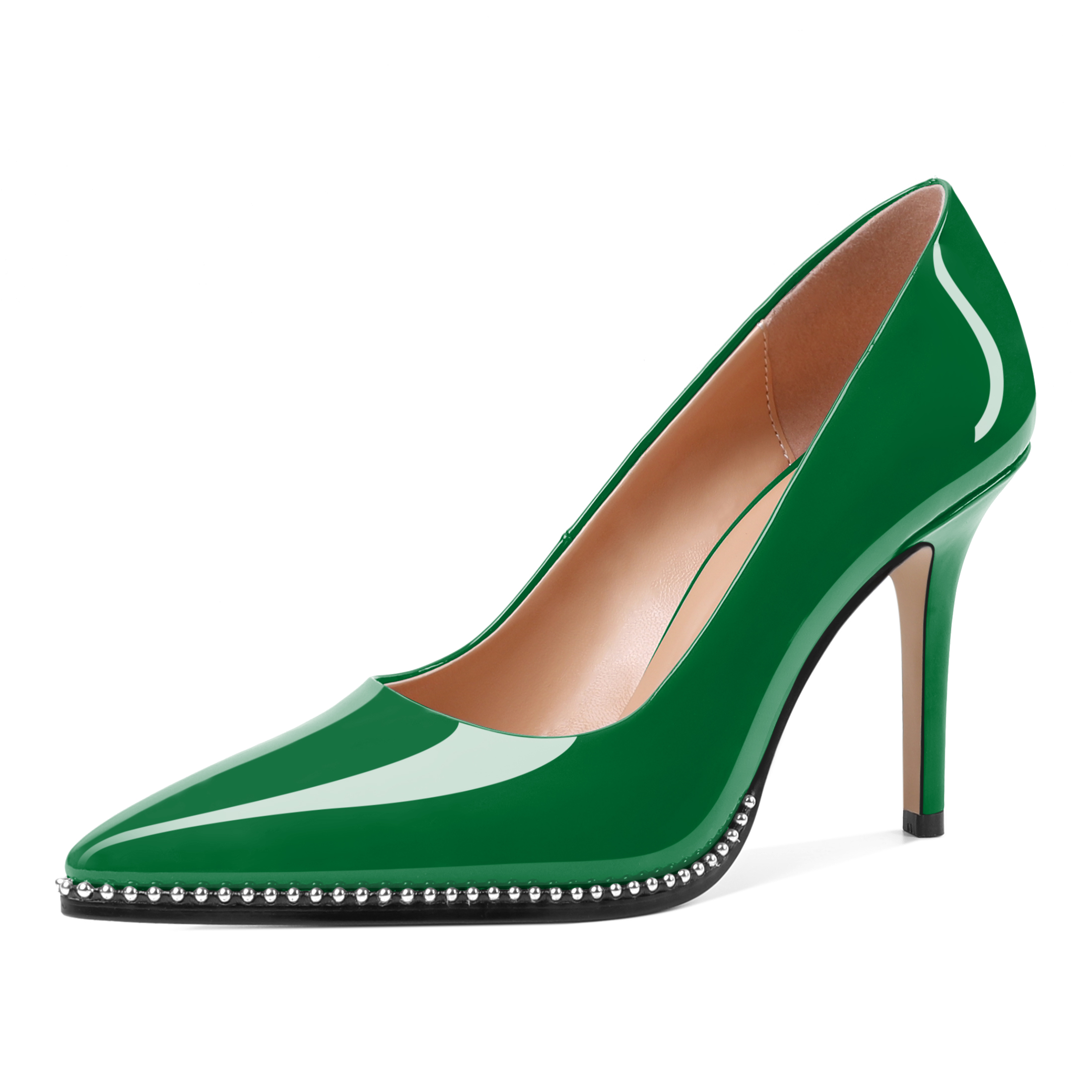 Green pointed toe stilettos in patent finish with beaded detail