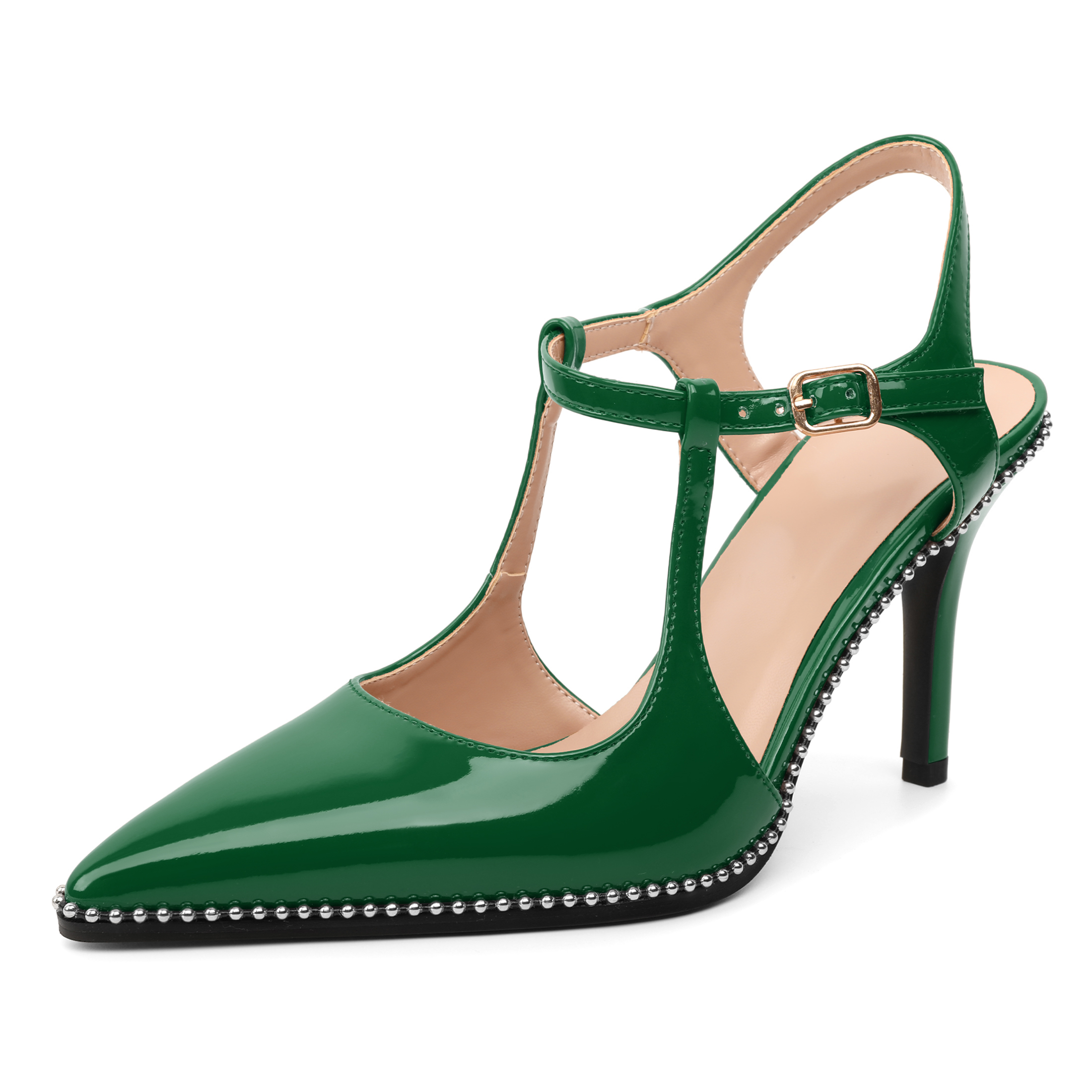Green beaded high heels with open side design and slim ankle strap

