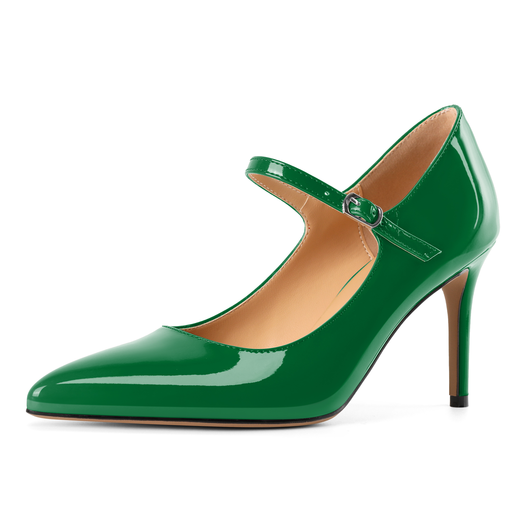 Green Mary Jane pumps with microfiber upper and slip-resistant sole

