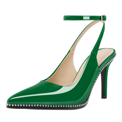 Green pointed toe slingback heels with ankle strap and patent leather finish