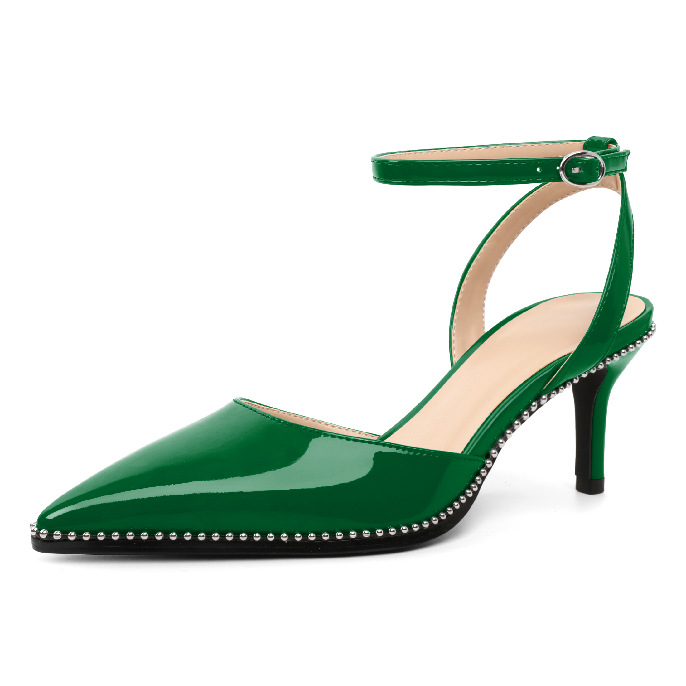 Green patent leather kitten heels with ankle strap and beaded detail