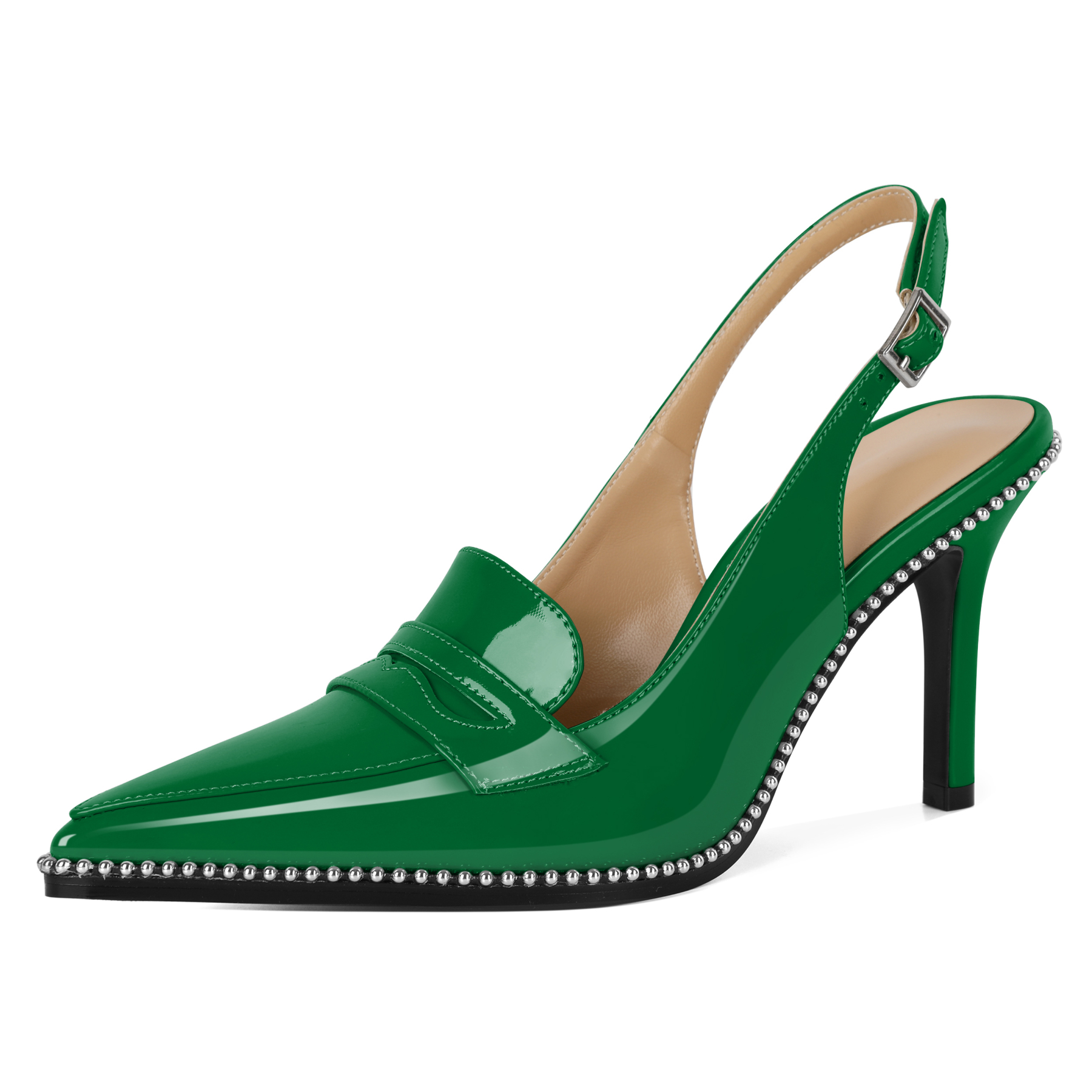 Green beaded pointed toe heels with slingback design and slim heel

