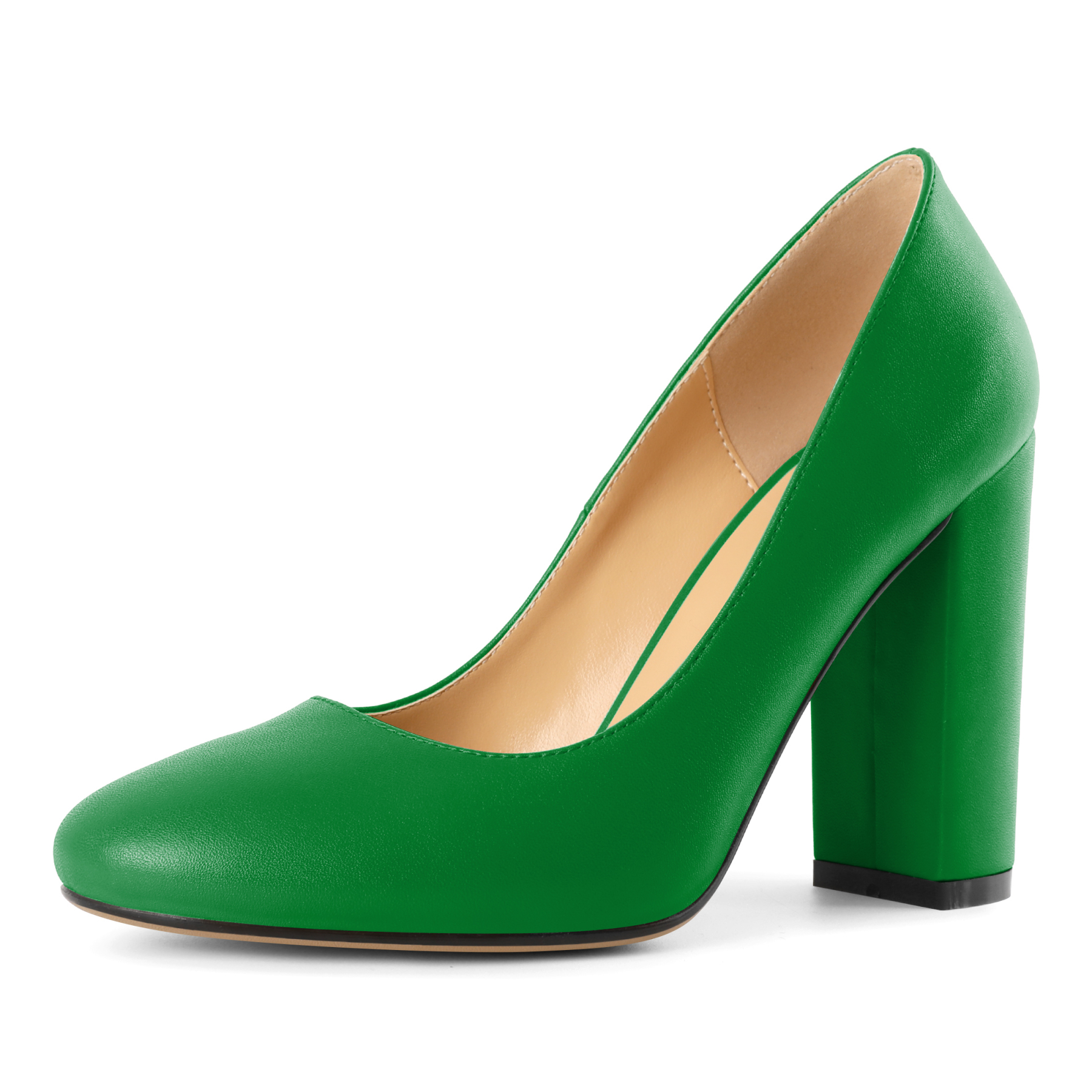 Green block heel pumps with rounded toe for versatile day to night looks