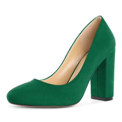 Green suede dress shoes with block heel and breathable padded insole

