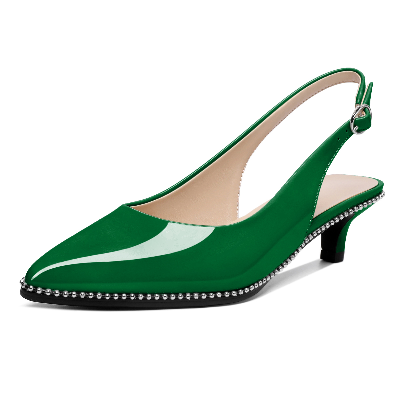 Green pointed toe kitten heels with slingback strap and beads
