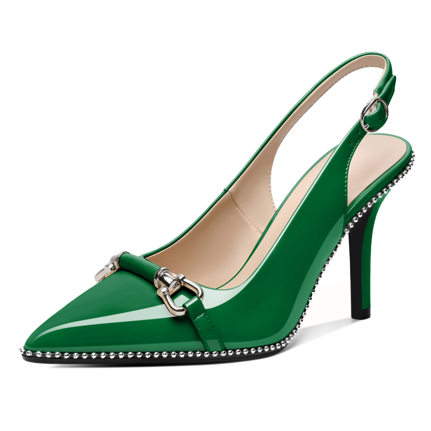 Green pointed toe slingback stilettos with bead embellishment