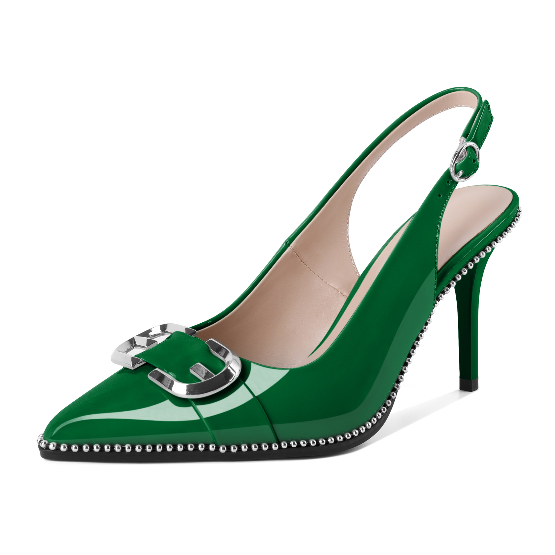 Green slingback stiletto pumps with beaded trim and high heel