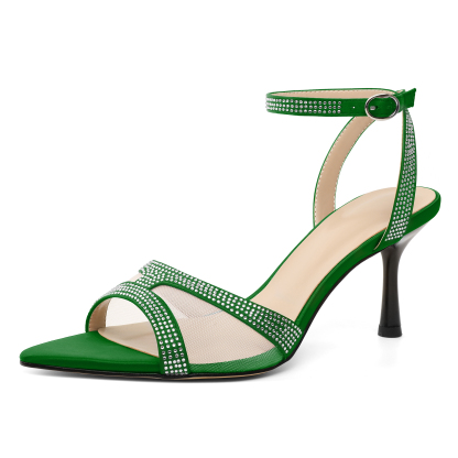 SAMMITOP green mesh rhinestone kitten heels