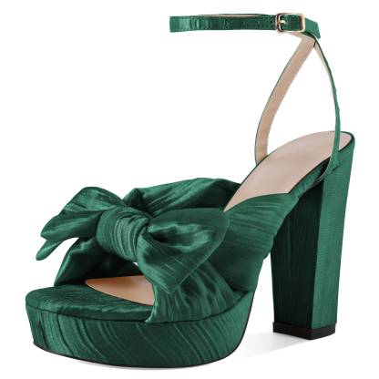Green SAMMITOP platform bow heels – front close-up showing pleated bow