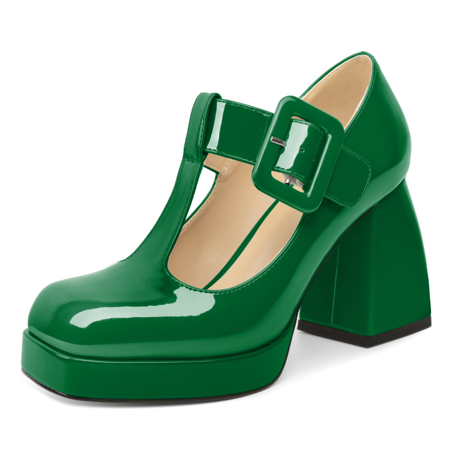 Women's green Mary Jane platform dress pumps with chunky heel and square toe finish