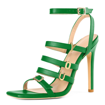 SAMMITOP 4 Inch Ankle Strap Fresh green tone strappy heels with square toe