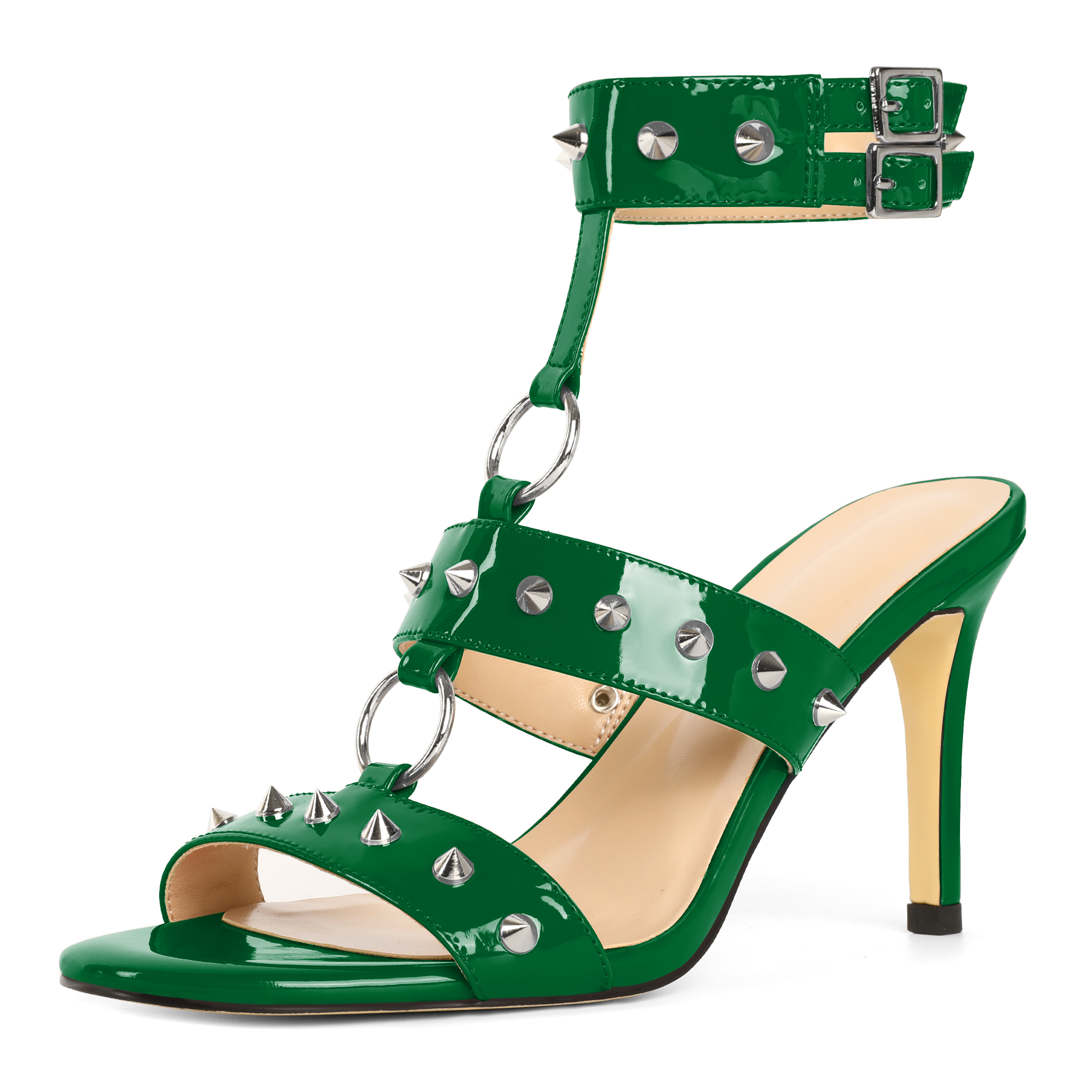 SAMMITOP 3.5'' Green Round Studded Stiletto Heels Sandals