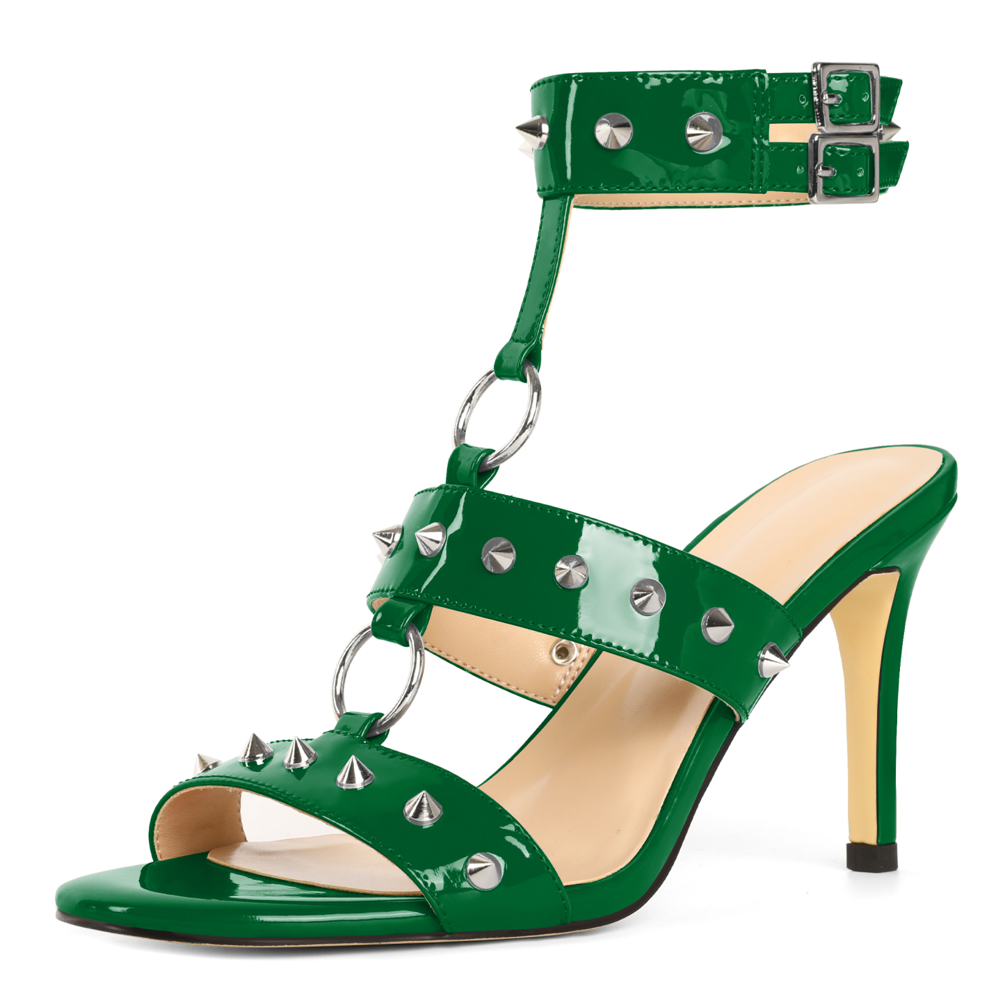 SAMMITOP 3.5'' Green Round Studded Stiletto Heels Sandals