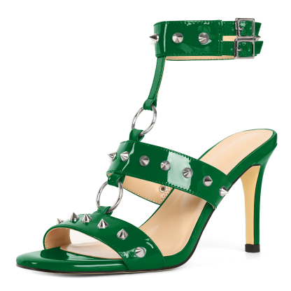 SAMMITOP 3.5'' Green Round Studded Stiletto Heels Sandals