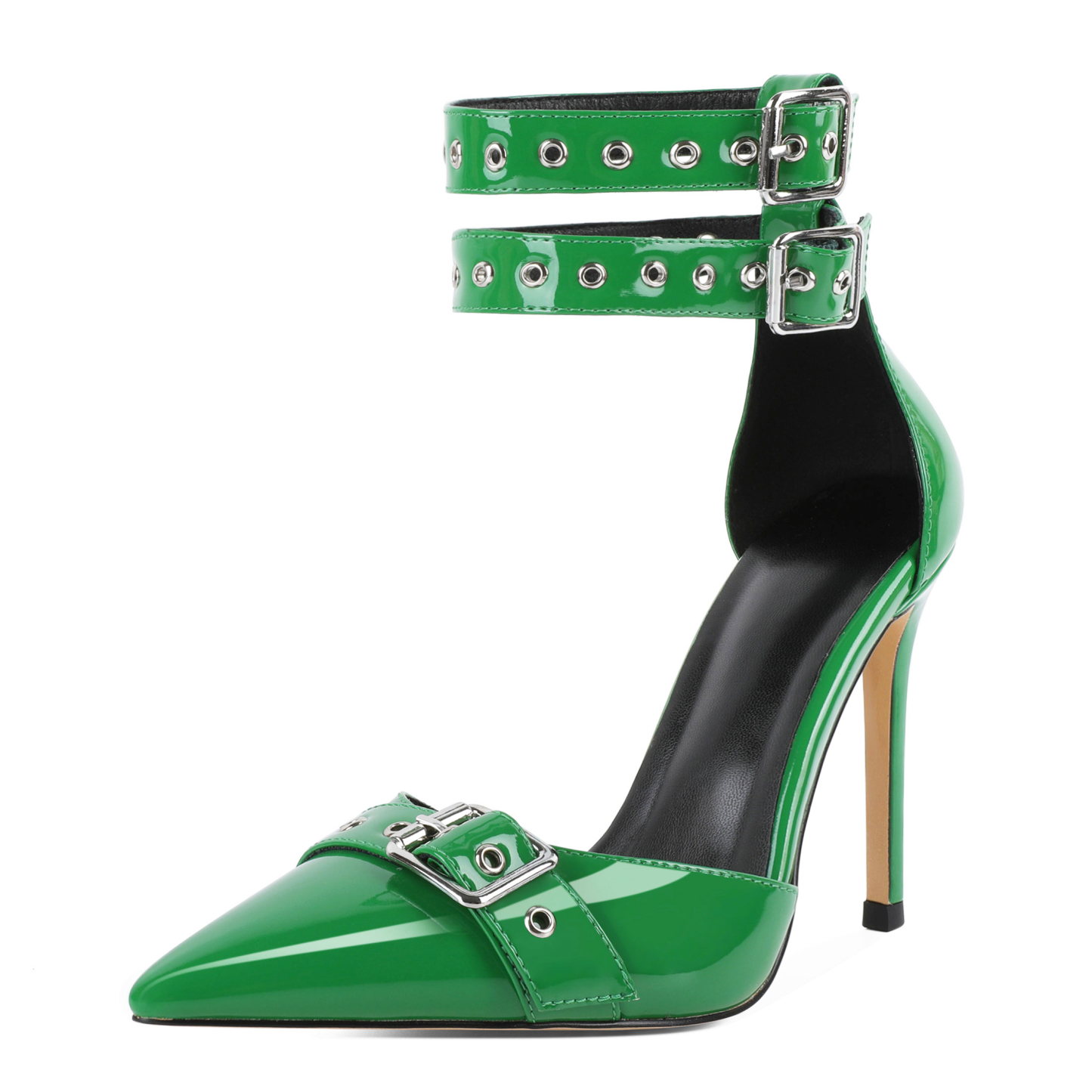 Fashion-forward emerald green heels with eyelet strap