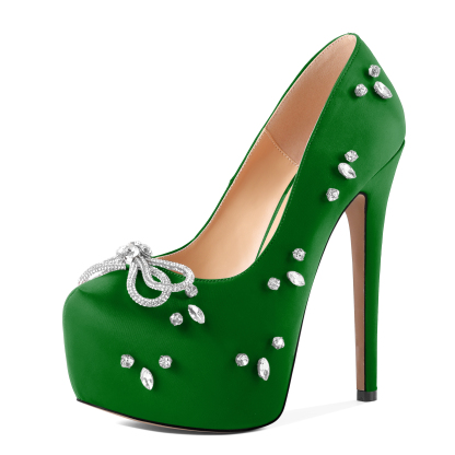 Fresh, jewel-toned green satin paired with crystal accents — vibrant and stylish, for a confident, unexpected pop of color.