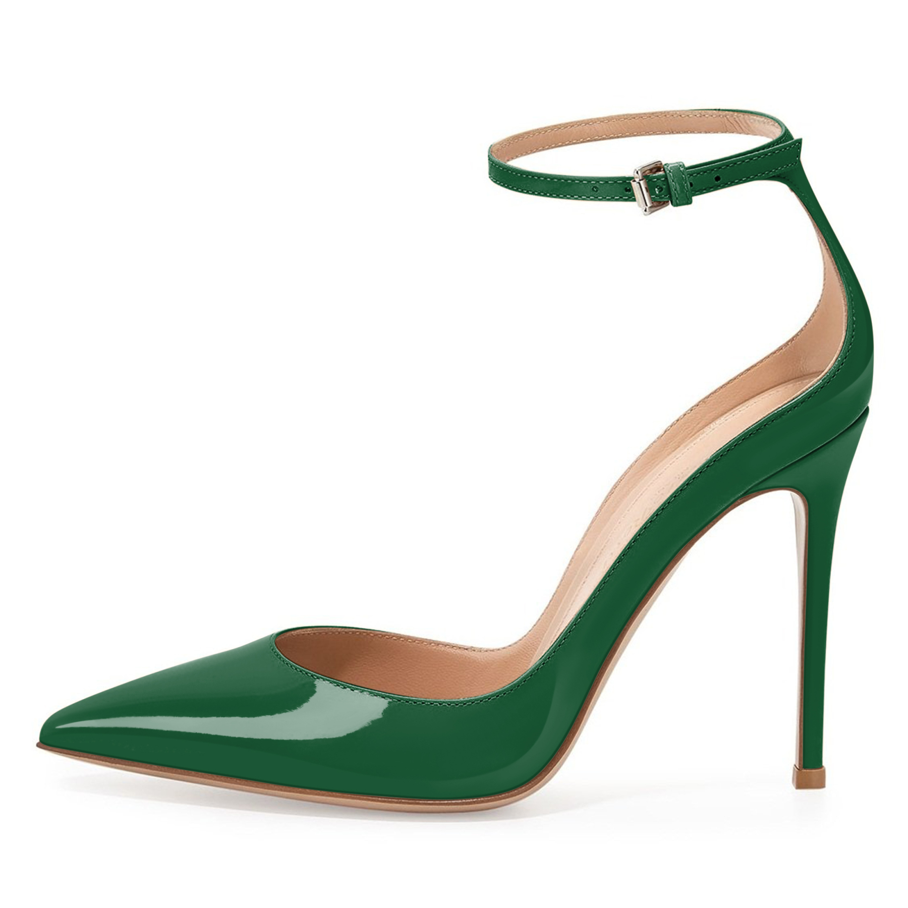 Fresh green ankle-strap stiletto heels with a 10cm heel and pointed toe, perfect for spring weddings or outdoor events