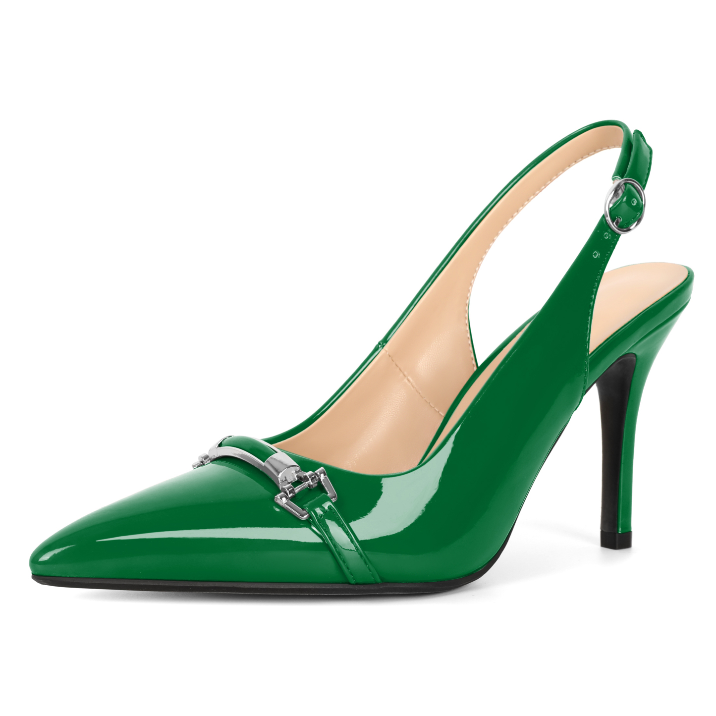Green pointed toe slingback pumps with high stiletto heel and polished silver buckle