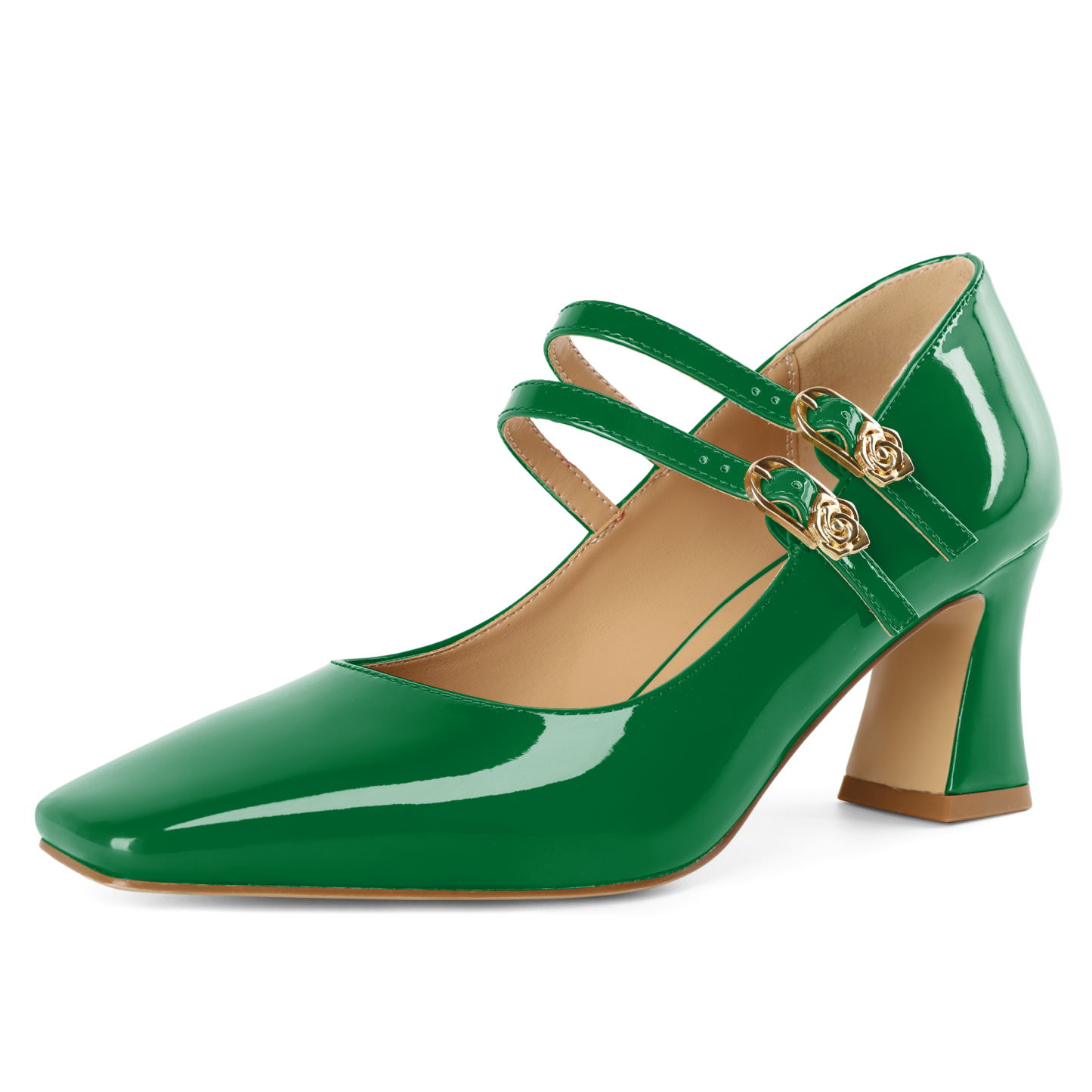 Green Mary Jane block heel pumps with double buckle strap, 2.5-inch heel ideal for chic daytime looks 