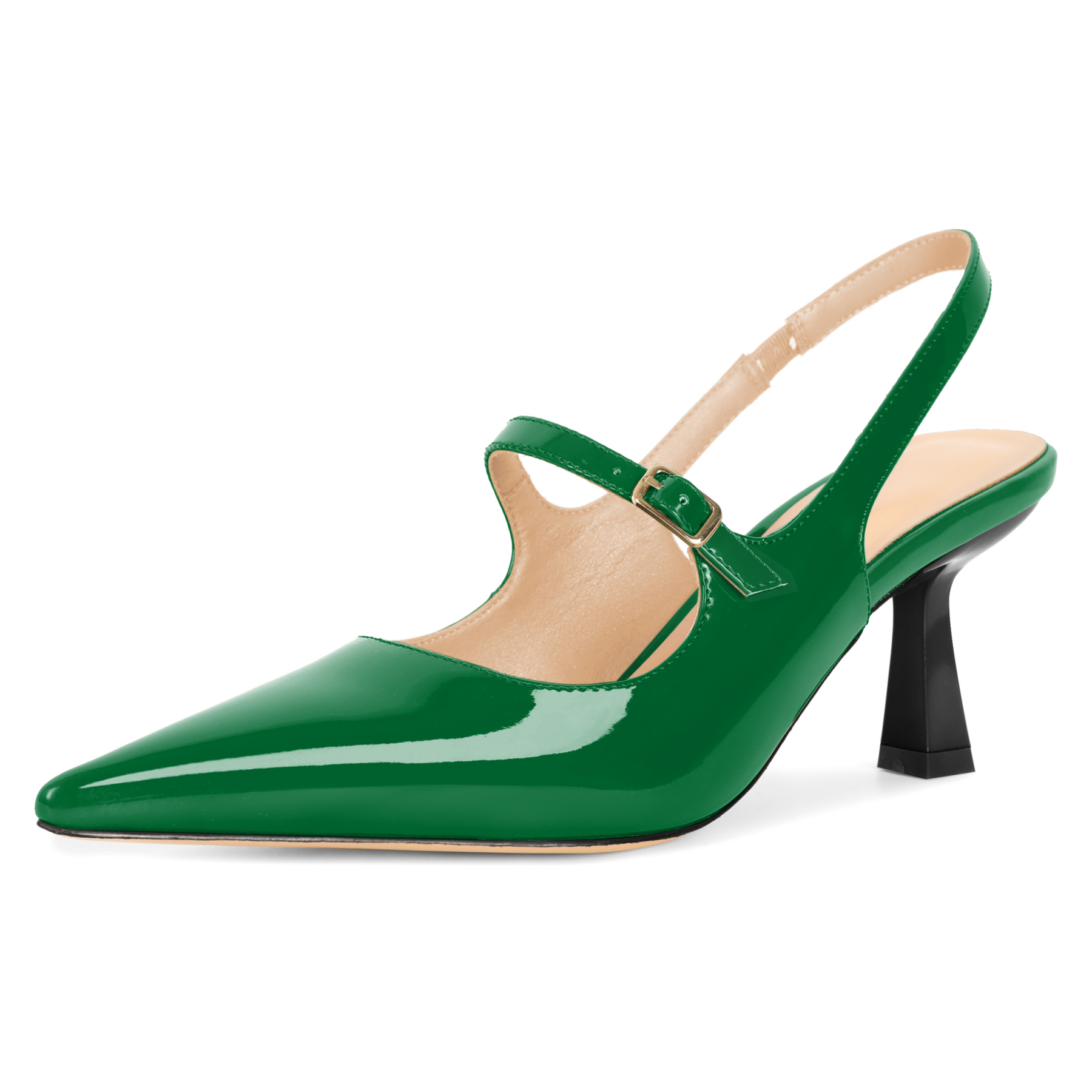 Green slingback heels with adjustable strap and pointed toe, 6.5cm low kitten heel shoes for women