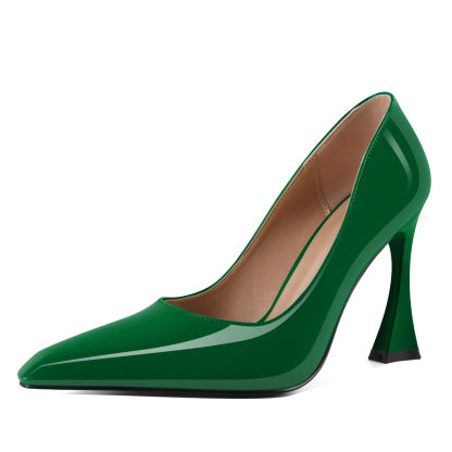 Green sexy pointed toe heels with flared 4 inch heel – trendy slip-on stilettos for women