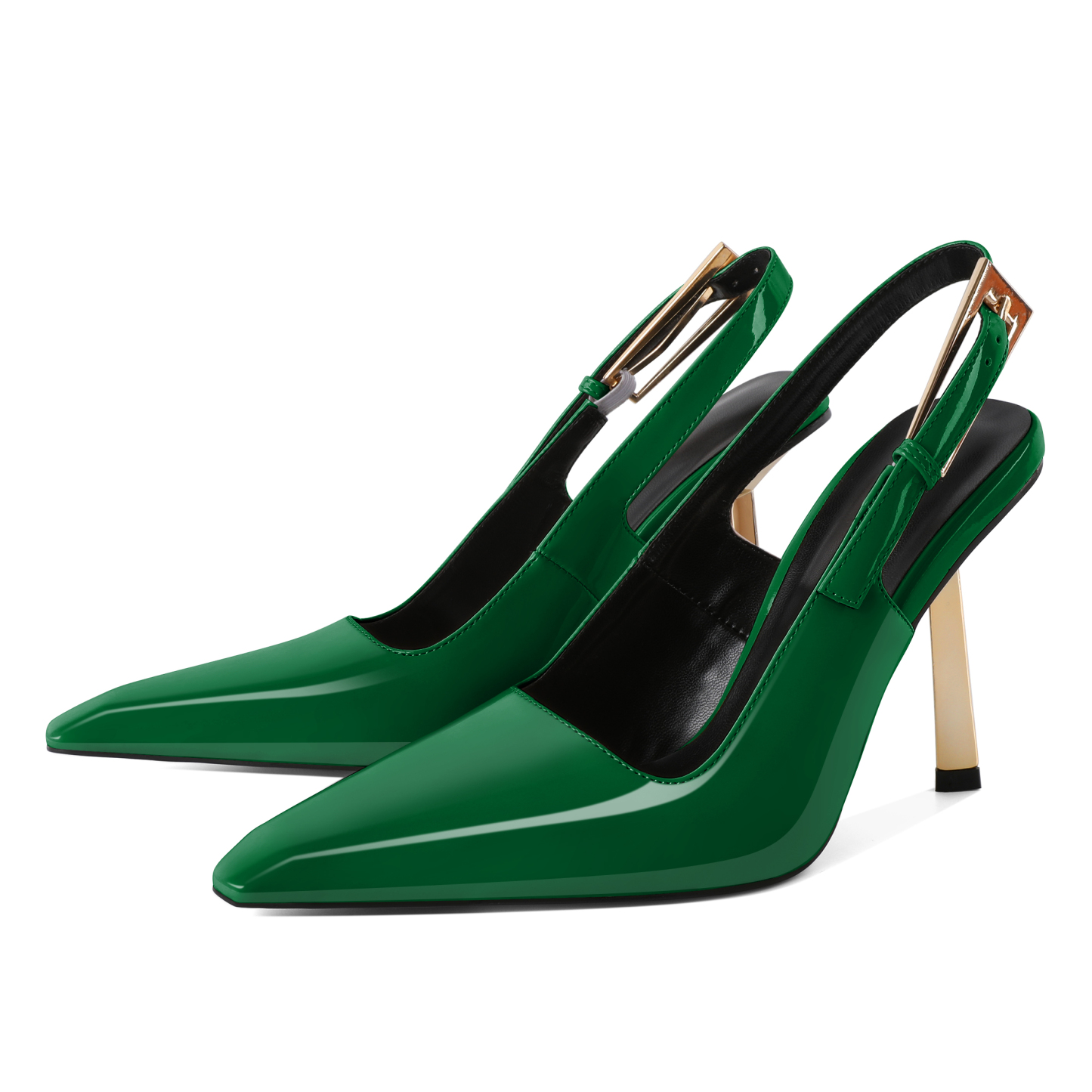 Green slingback heels for women with gold-plated 9.5cm stiletto – elegant pointed toe formal shoes