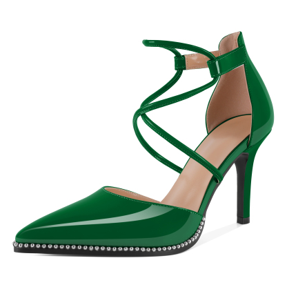 SAMMITOP 3.5 Inch Deep emerald green patent pointed toe heels with ankle wrap straps and bead details