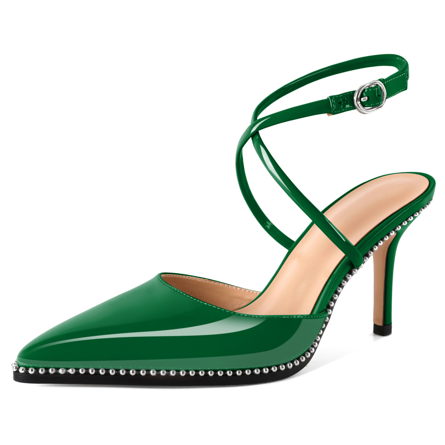 SAMMITOP 3.5 Inch Emerald green high heels for women with pointed toe and beaded crisscross straps