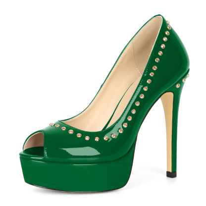 SAMMITOP 4.7 Inch Emerald green platform stiletto pumps with edgy rivet design