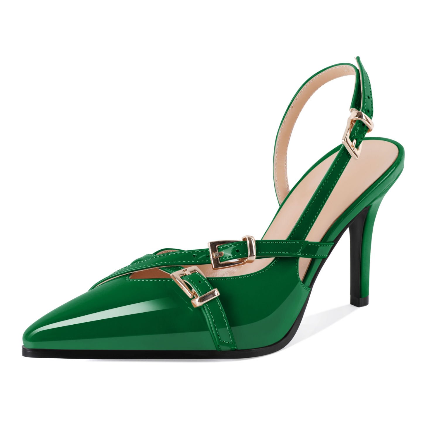 Sammitop 3.5 Inch Emerald green pointed toe slingback stilettos with strap details
