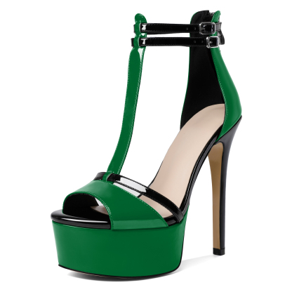 SAMMITOP green cork heel slip-on T-strap mules with zipper