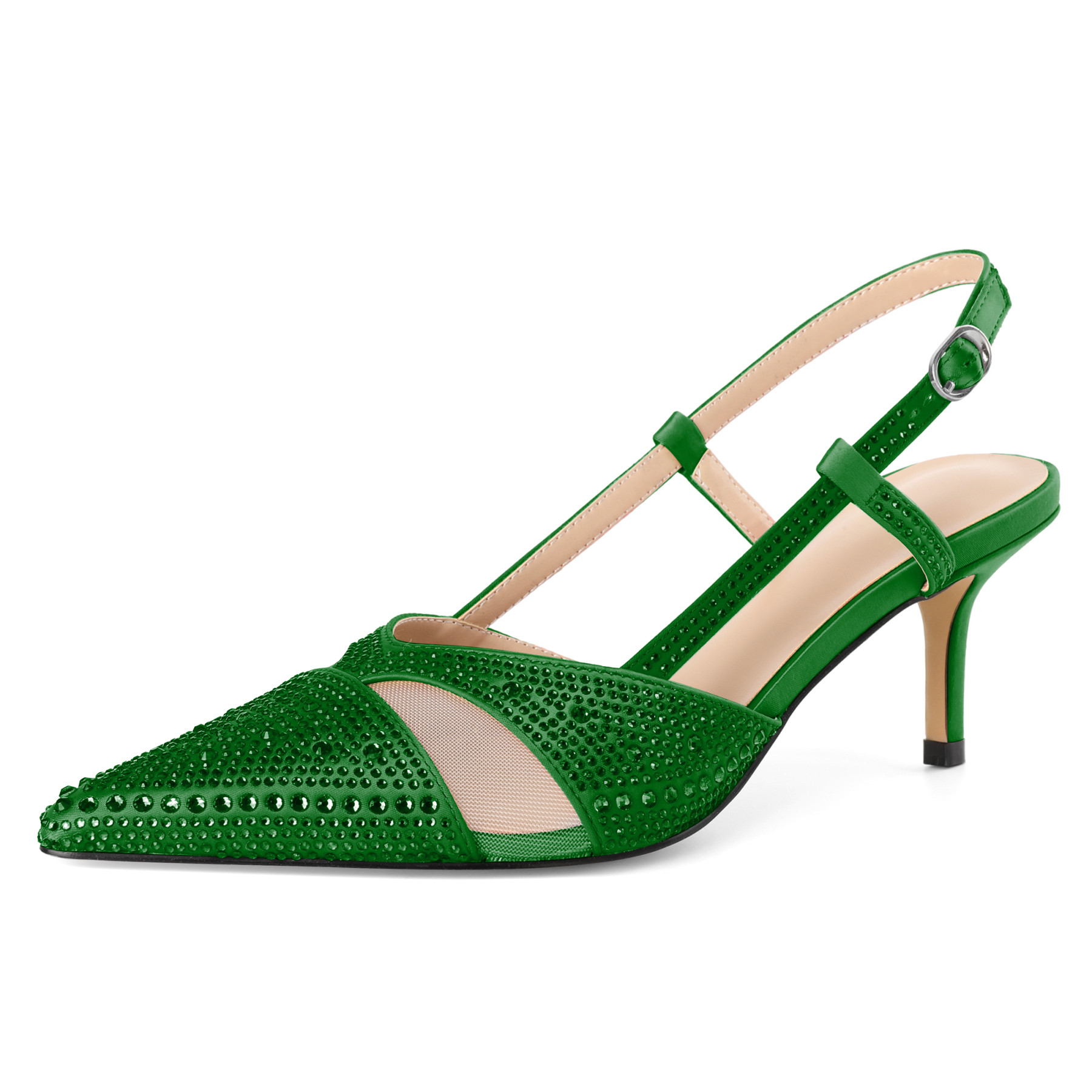 SAMMITOP Green pointed toe mesh slingback heels with crystals, 2.75 inch mid heels