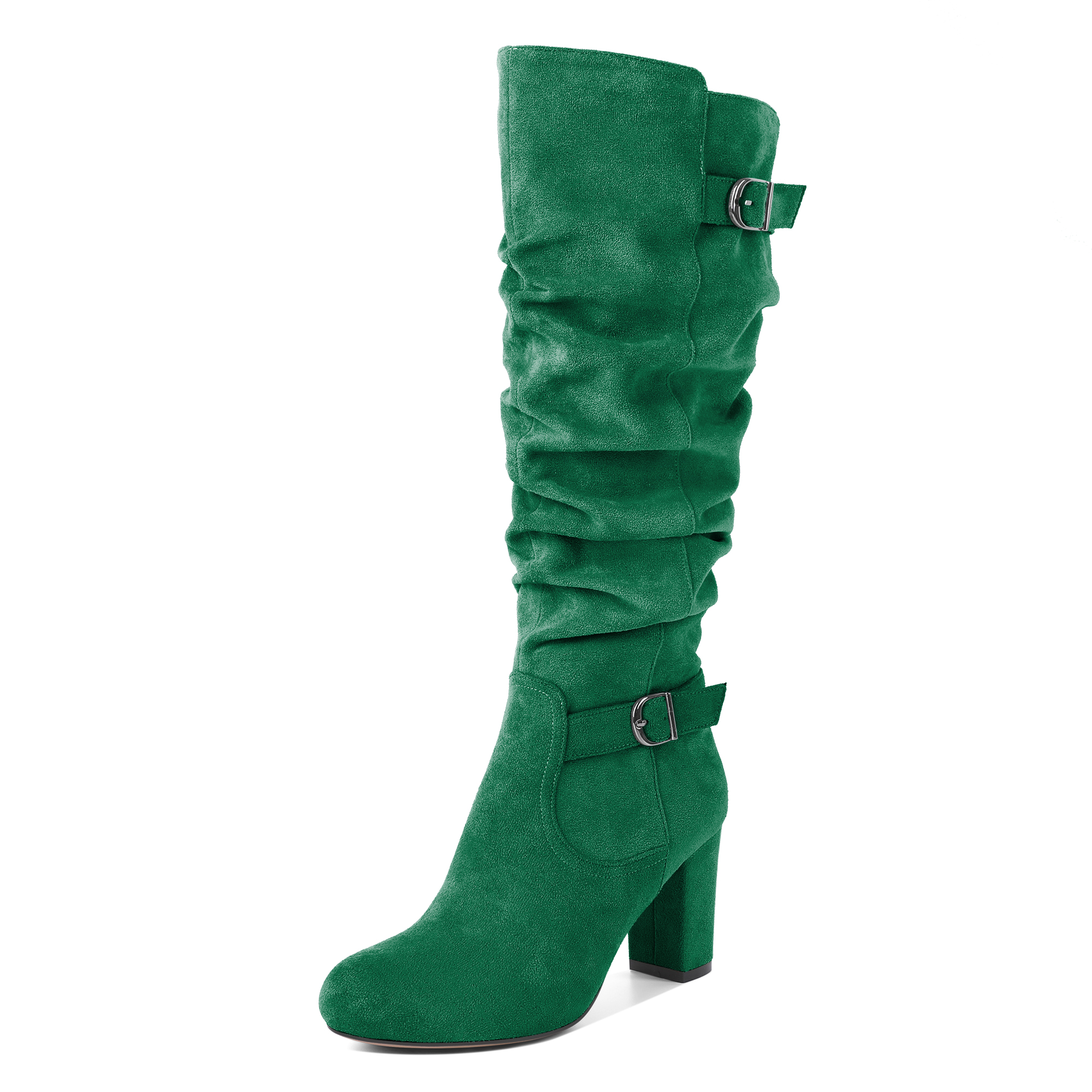 Sammitop Slouchy High Heel Boots for Women Knee High Chunky Heel Boots Round Toe Slouch Metal Buckle Side Zipper Tall Boots 3.5 Inches