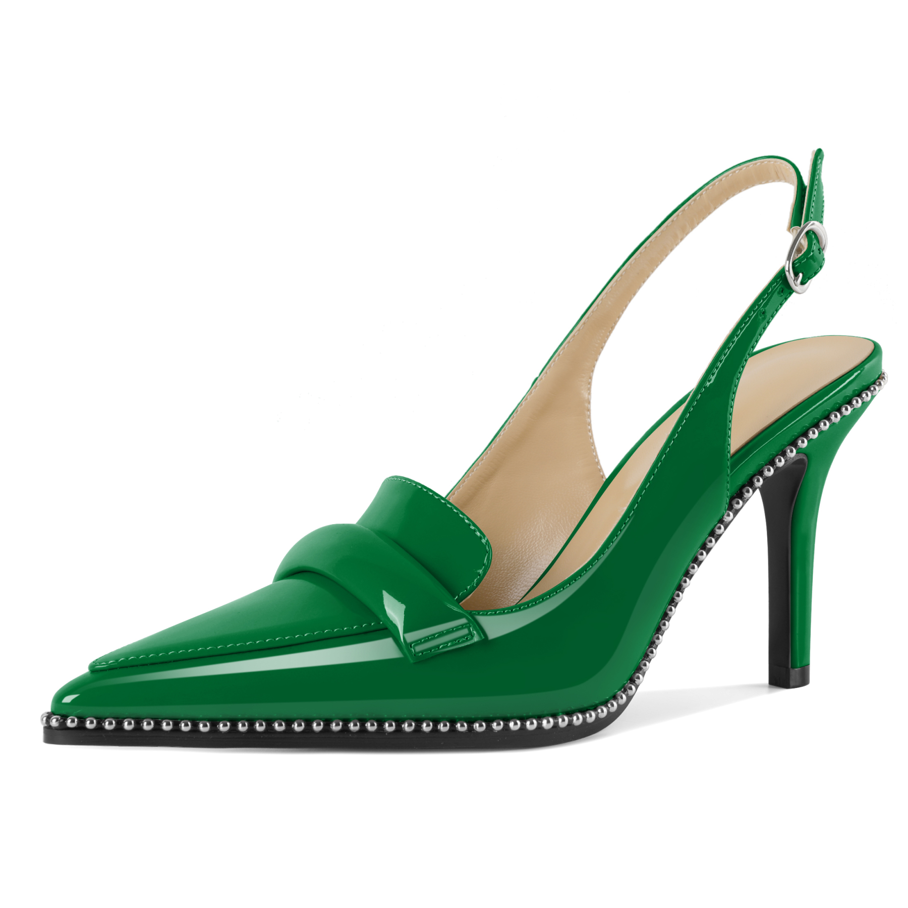 SAMMITOP women's green slingback high heel pumps with silver beads