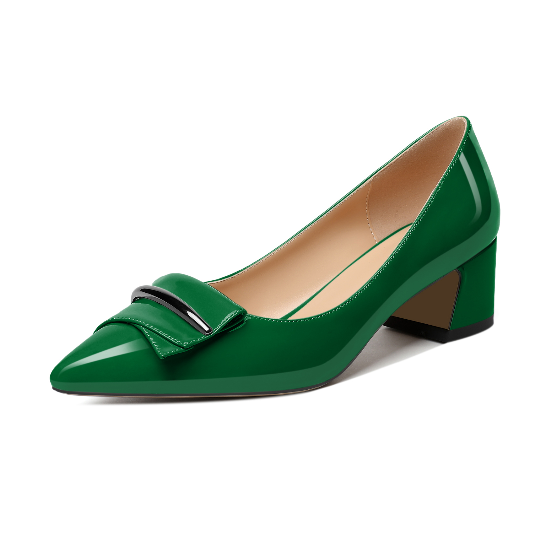 Stylish green slip-on pumps with chunky heel